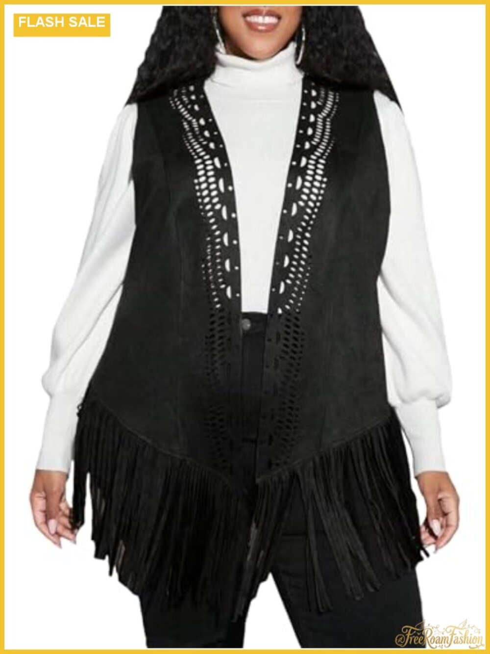 Women's Fringe Sleeveless Vest Faux Suede Open Front 70S Hippie Jacket Cardigan